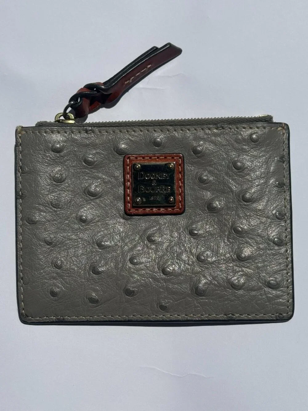 Dooney & Bourke Grey Ostrich-Embossed Zip Card Case with Gold Plaque